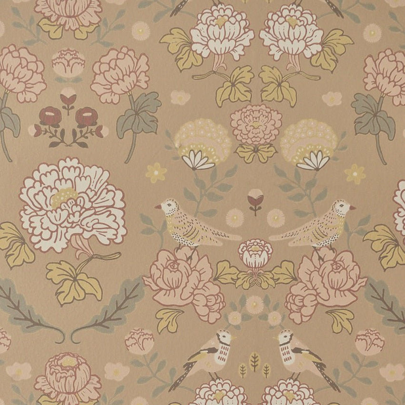 Majvillan behang voor de kinderkamer print june Honey Beige - honing beige met bloemen en vogels