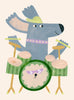 Poster kinderkamer met drummende hond illustratie in zachte blauw- en groentinten op lichte achtergrond.