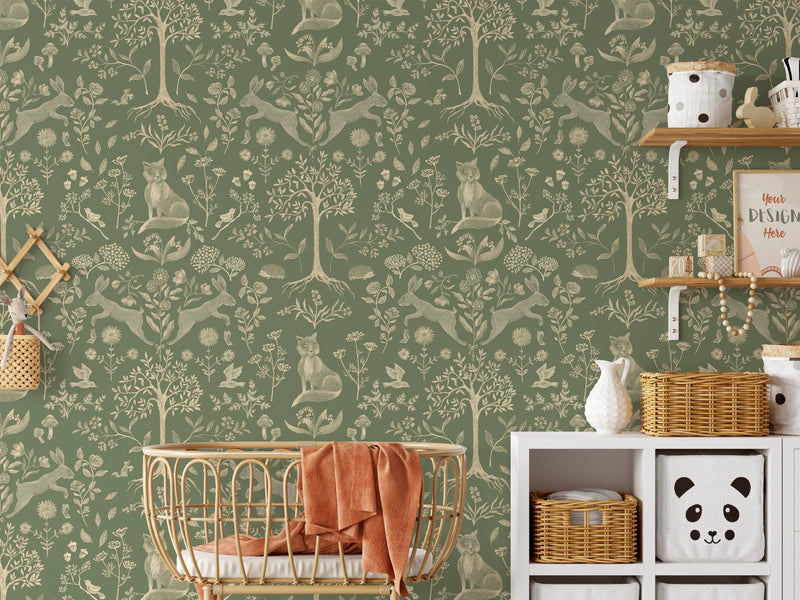 Wallpaper Atelier Florentine - Forest Animals Green