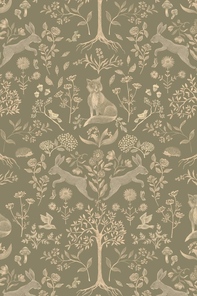 Wallpaper sample Atelier Florentine - Forest animals Olive green