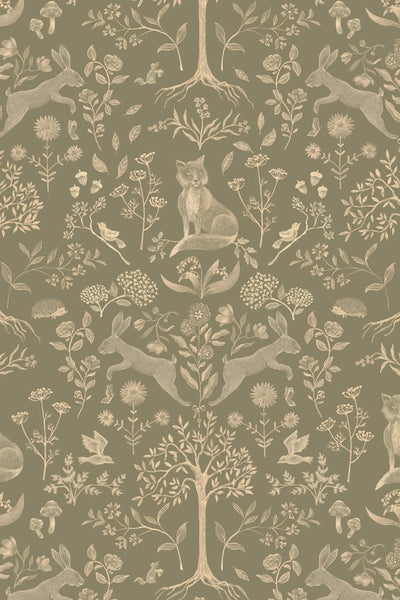 Wallpaper sample Atelier Florentine - Forest animals Olive green