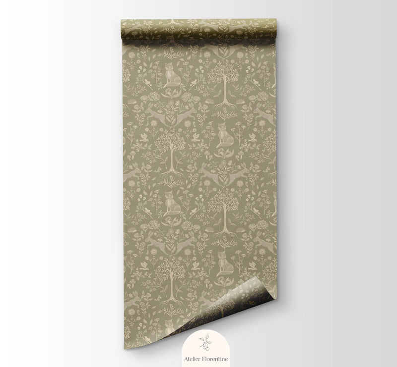 Wallpaper Atelier Florentine - Forest Animals Olive Green