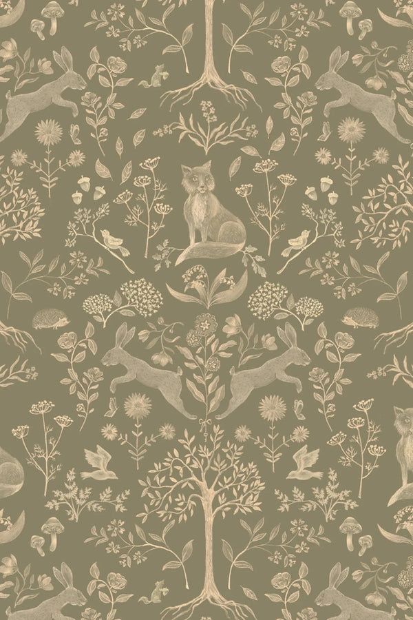 Wallpaper Atelier Florentine - Forest Animals Olive Green