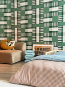 Behang Play at Slaep - Blocks Grean - Sabine van Vessem 
Grafisch geblokt behang in groene tonen. Perfect voor een vrolijke kinderkamer, speelkamer, tienerkamer of andere plek in huis