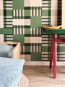 Behang Play at Slaep - Blocks Grean - Sabine van Vessem 
Grafisch geblokt behang in groene tonen. Perfect voor een vrolijke kinderkamer, speelkamer, tienerkamer of andere plek in huis