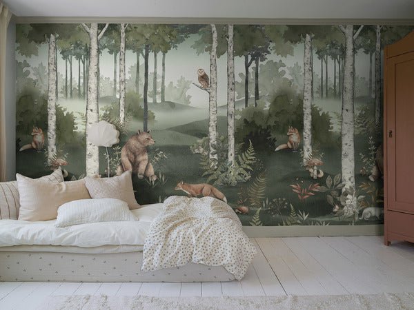 Borastapeter_Wild forest jungle mural voor een natuurlijke kinderkamer