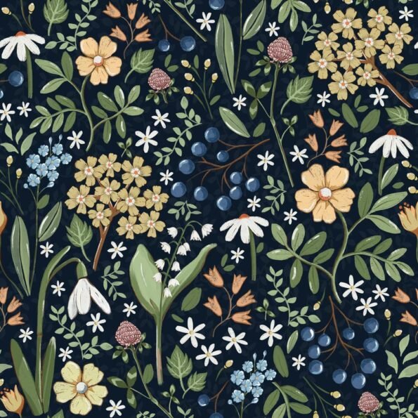 Behang Dekornik - Field of Flowers - Navy Blue