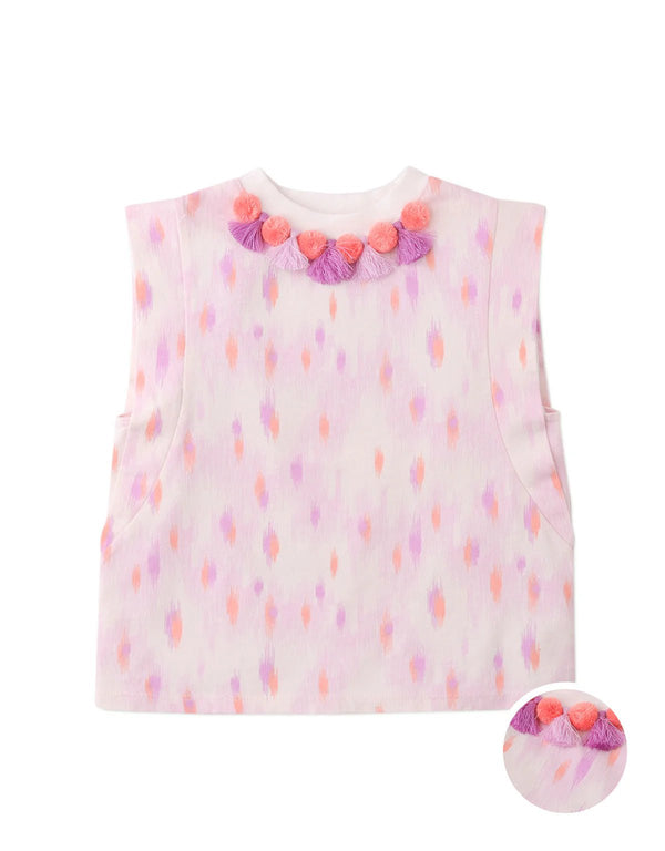 Gingersnaps - Katya printed top with pom-pom and tessels on neckline