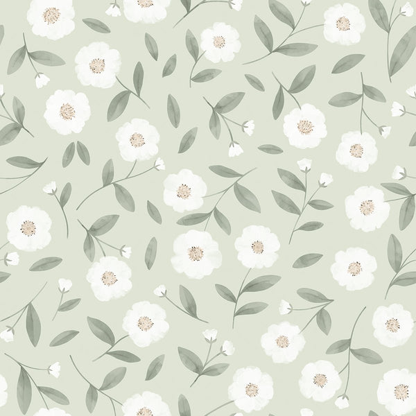 Wallpaper Lilipinso - Eden - White rosebuds and sparkle - Sage