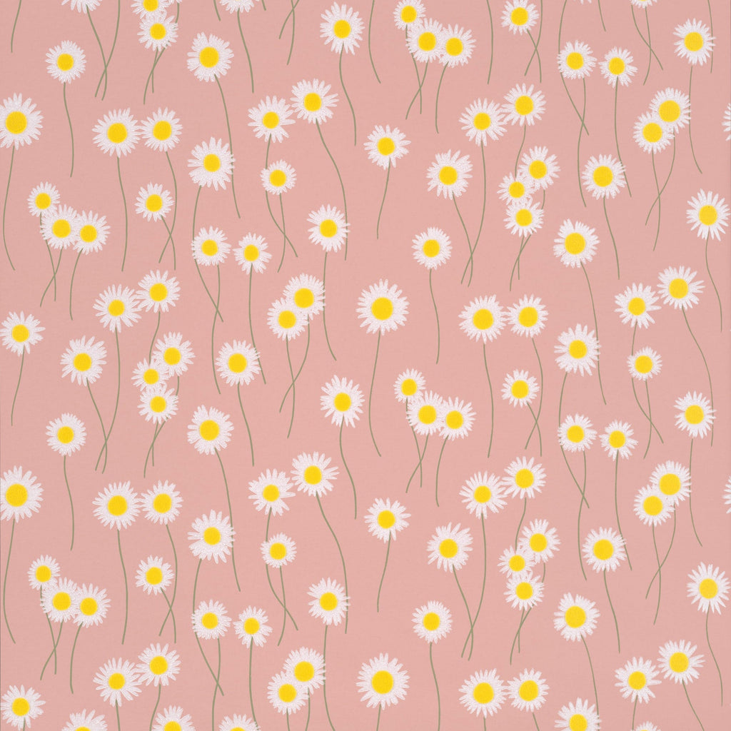 Bloemenbehang van Little greene met Margrieten met zacht roze achtergrond kleur, mooi voor baby en kinderkamer. Behangstaal