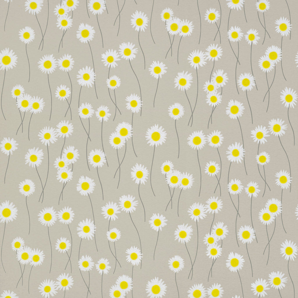 Little Greene bloemenbehang met margrietjes die dansen over het behang met een beige klei kleurige achtergrond