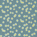 Little Greene Bloemenbehang met dansende Margrieten op een diep blauwe achtergrond