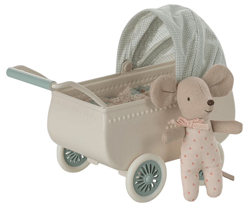 Maileg - Kinderwagen met baby muis - Mint