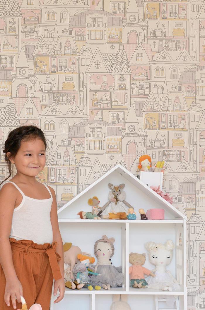 Majvillan behang voor de kinderkamer dollhouse poppenhuis print