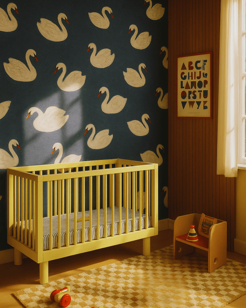 Behang Meet me at the Wall - Swans - Night blue - Joëlle Wehkamp