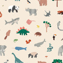 Kinderbehang met dieren die uitgeknipt lijken, panda, haai, dino, rino, neushoorn, etc. Kleurrijk behang