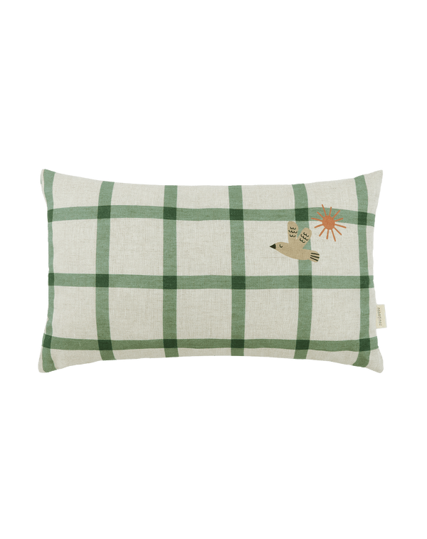 Nobodinoz - Vibes collection - Linen green cushion with bird - 44 x 25 cm M