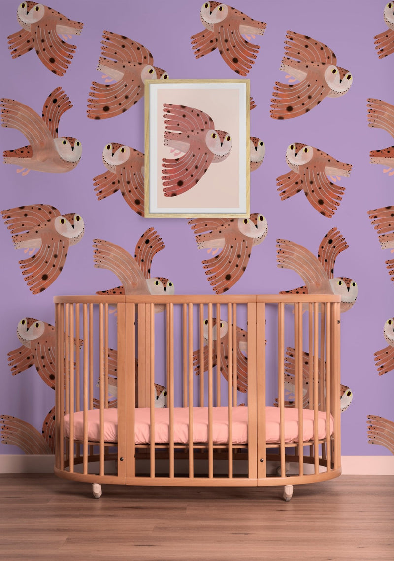 Behang Meet me at the Wall - Owl - Lilac - Aniek Bartels