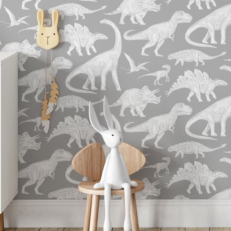 Pastelowe Love Behang voor de kinderkamer Dino grijs