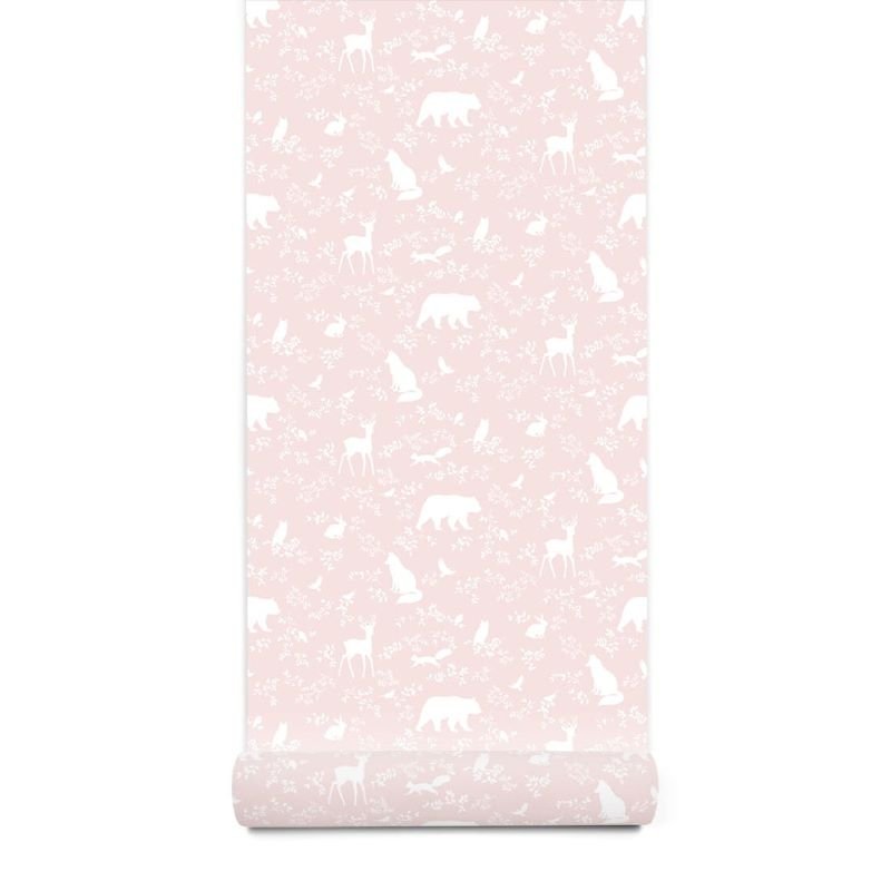 Pastelowe Love behang voor de kinderkamer forest animals bosdieren roze