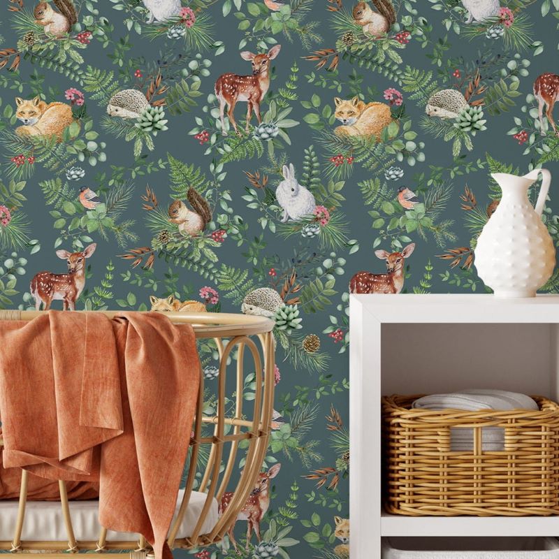 Pastelowe Love behang voor de kinderkamer woodland bosdieren groen