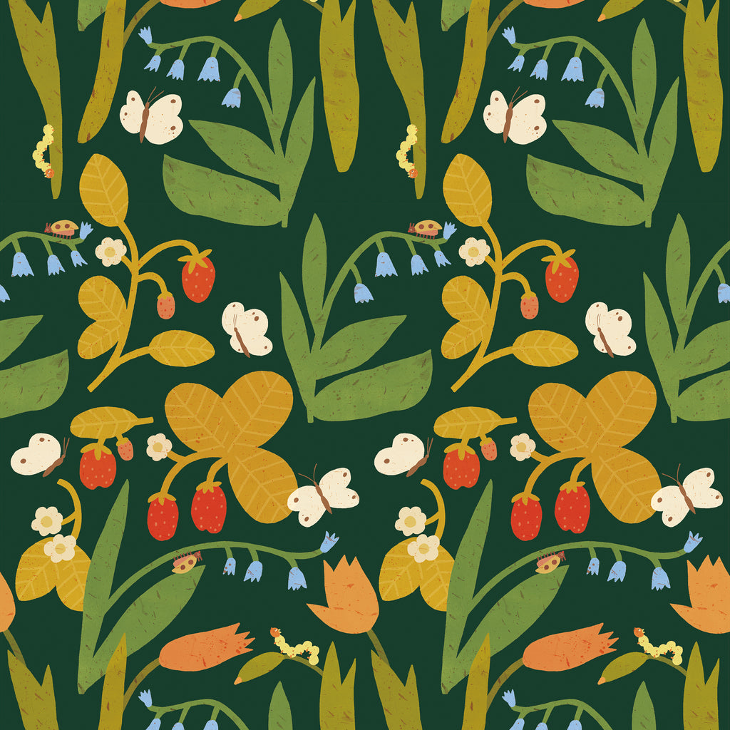 Behangstaal Meet Me at the Wall - Strawberry field - Dark pine - Lotte Dirks