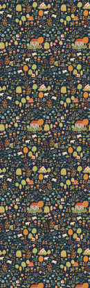 Hele baan met Kinderbehang met donderblauwe achtergrond en illustraties met bloemen, konijnen, schapen, bomen en huizen