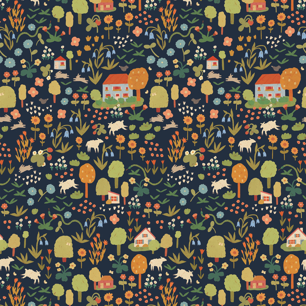 Kinderbehang met donderblauwe achtergrond en illustraties met bloemen, konijnen, schapen, bomen en huizen