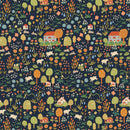 Kinderbehang met donderblauwe achtergrond en illustraties met bloemen, konijnen, schapen, bomen en huizen