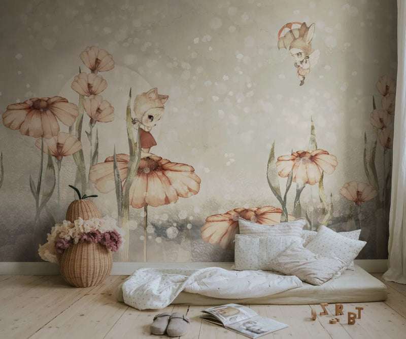 Papier peint Rebel Walls - Champs fleuris de Marion - Gris Vert