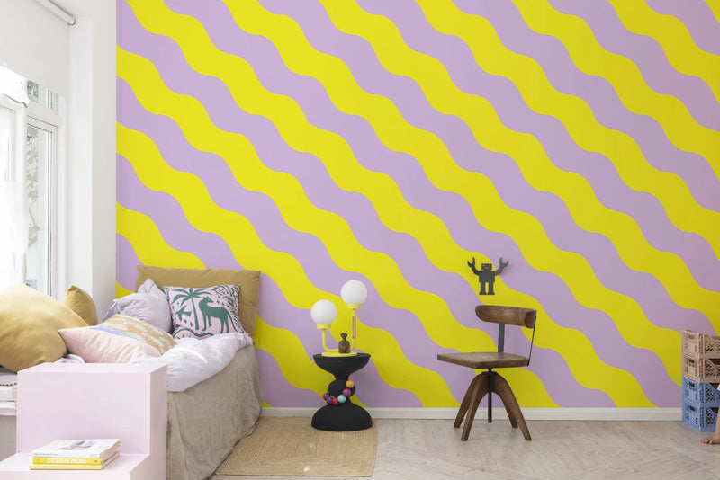 Wallpaper Rebel Walls - Polka Stripe - Lilac & Yellow