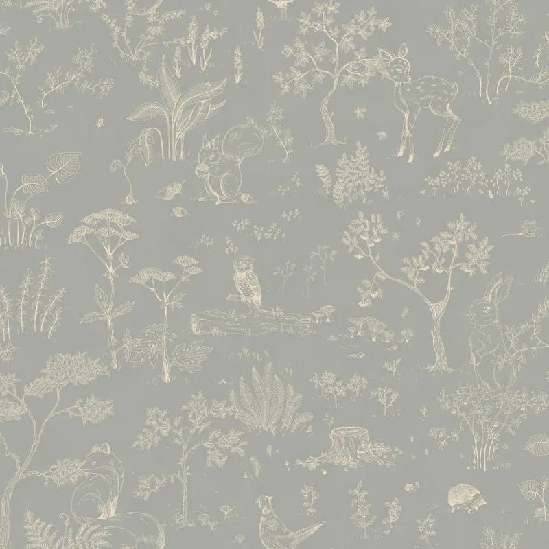 Échantillon de papier peint Sandberg Hollie, Misty blue – Papier peint animaux de la forêt