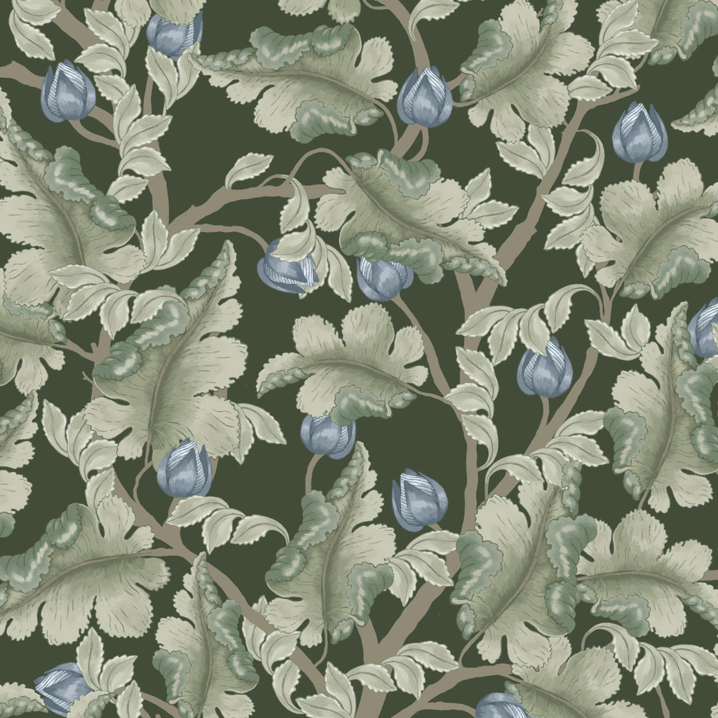 Papel de pantalla de flores grises de verano - Ranunculus - Verde y azul