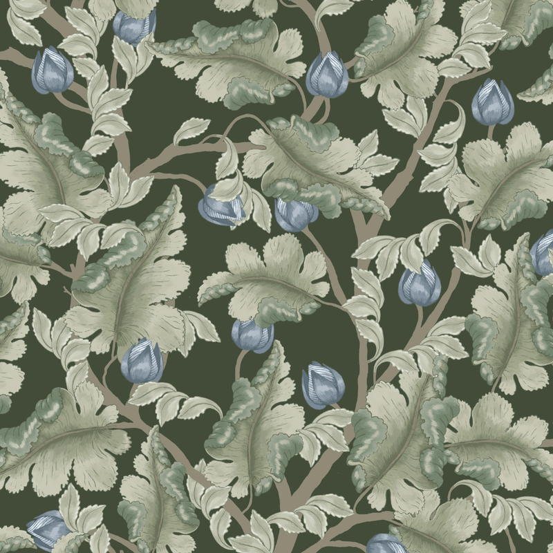 Papel de pantalla de flores grises de verano - Ranunculus - Verde y azul