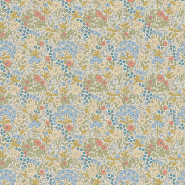 Wallpaper Summer Gray - Flower Wallpaper - Doris - Blauw & Mosterd