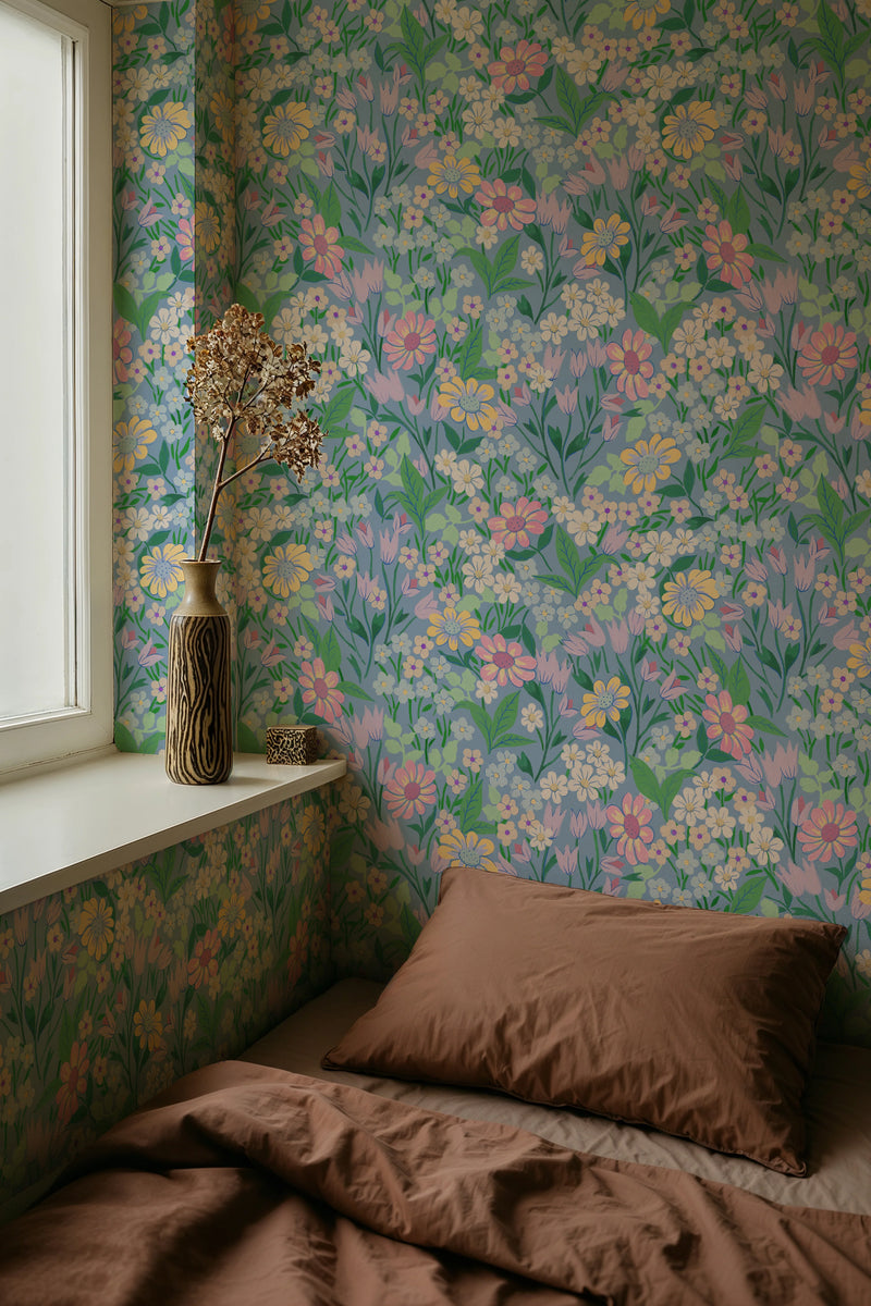Sommergrau Tapete - Blumen Tapete - Lola - Himmelblau