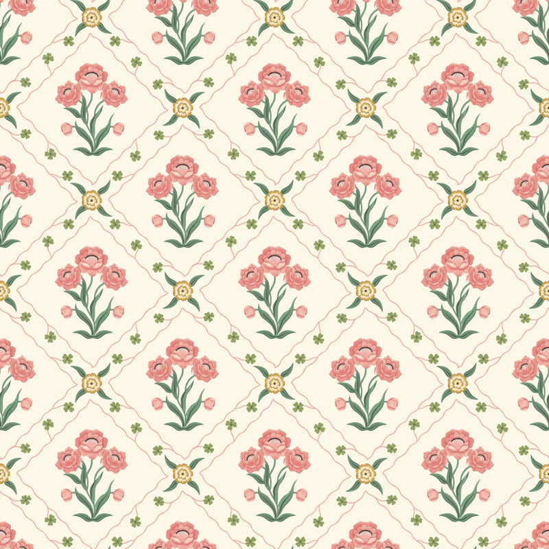 Papier peint Fond d'été Grey - Trellis floral - Rose