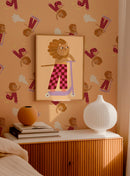 Skating Lion on Step Sweet poster in kinderkamer – leeuw illustratie wanddecoratie met bijpassend behang