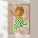 Skating Lion poster Aniek Bartels – leeuw op rolschaatsen met groene geruite broek, A3 kinderkamer poster