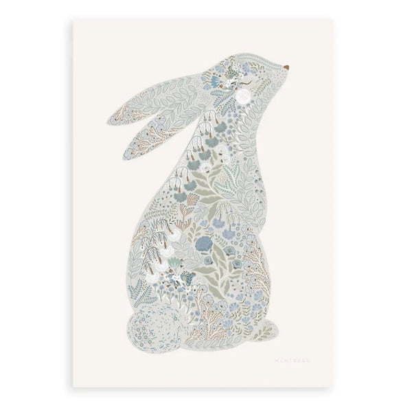 Minibeau - Floral Bunny Nursery Art Print - Blue - 30x40 cm