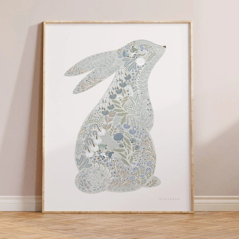 Minibeau - Floral Bunny Nursery Art Print - Blue - 30x40 cm