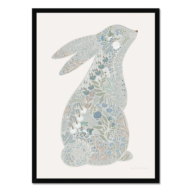 Minibeau - Floral Bunny Nursery Art Print - Blue - 30x40 cm