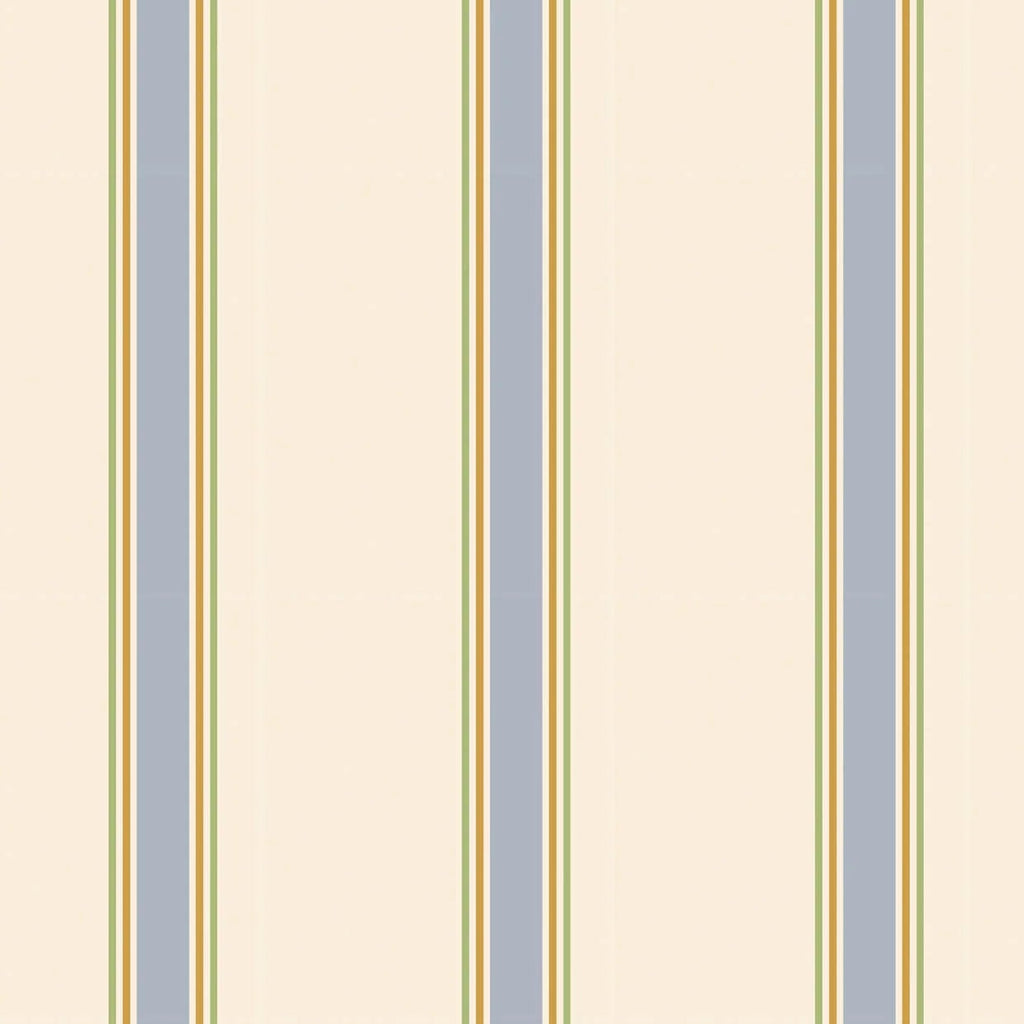 Crème streepjesbehang met zacht grijsblauwe strepen en dunne lichtgroene en okerkleurige pinstripes, Atelier Florentine