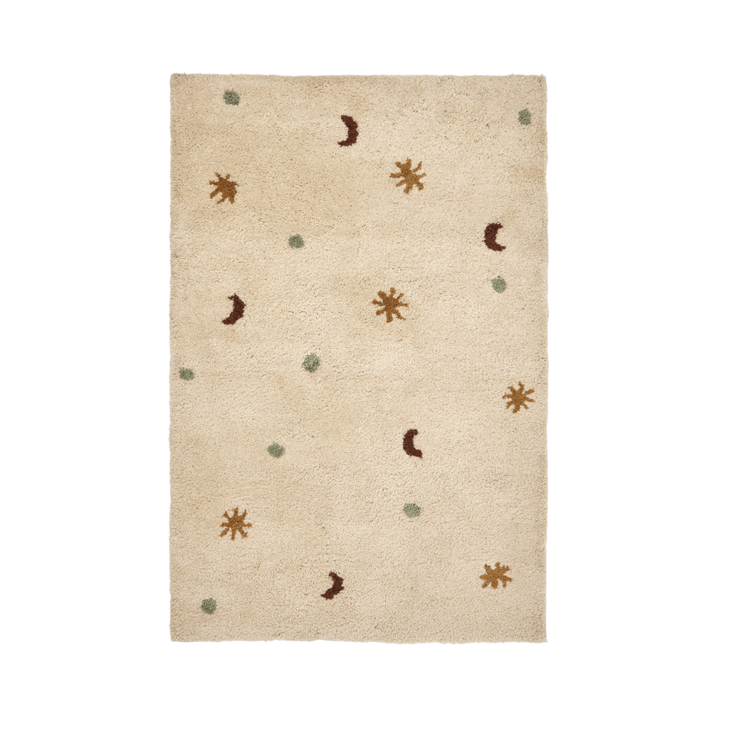 Ferm Living Skye Tufted Rug 80x120 – Wool Children's Room Rug | Stars & Moon Design Parchment