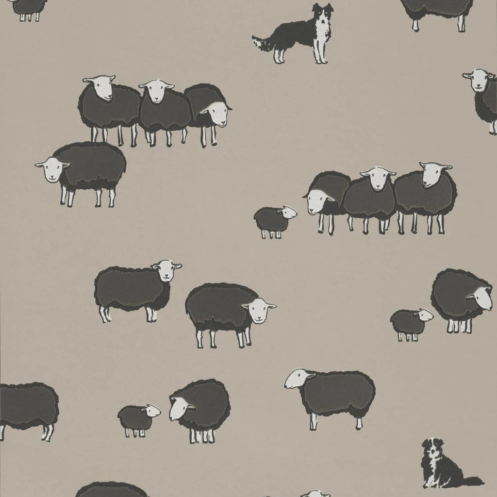 Little Greene Nip & Lassie Kids Wallpaper – Slaked Lime Dark | Animal Wallpaper with Dogs & Sheep