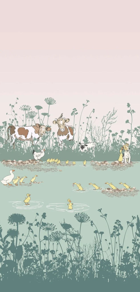 Little Greene Riverside Capers Quack | Behangpaneel met Boerderijdieren voor de Kinderkamer