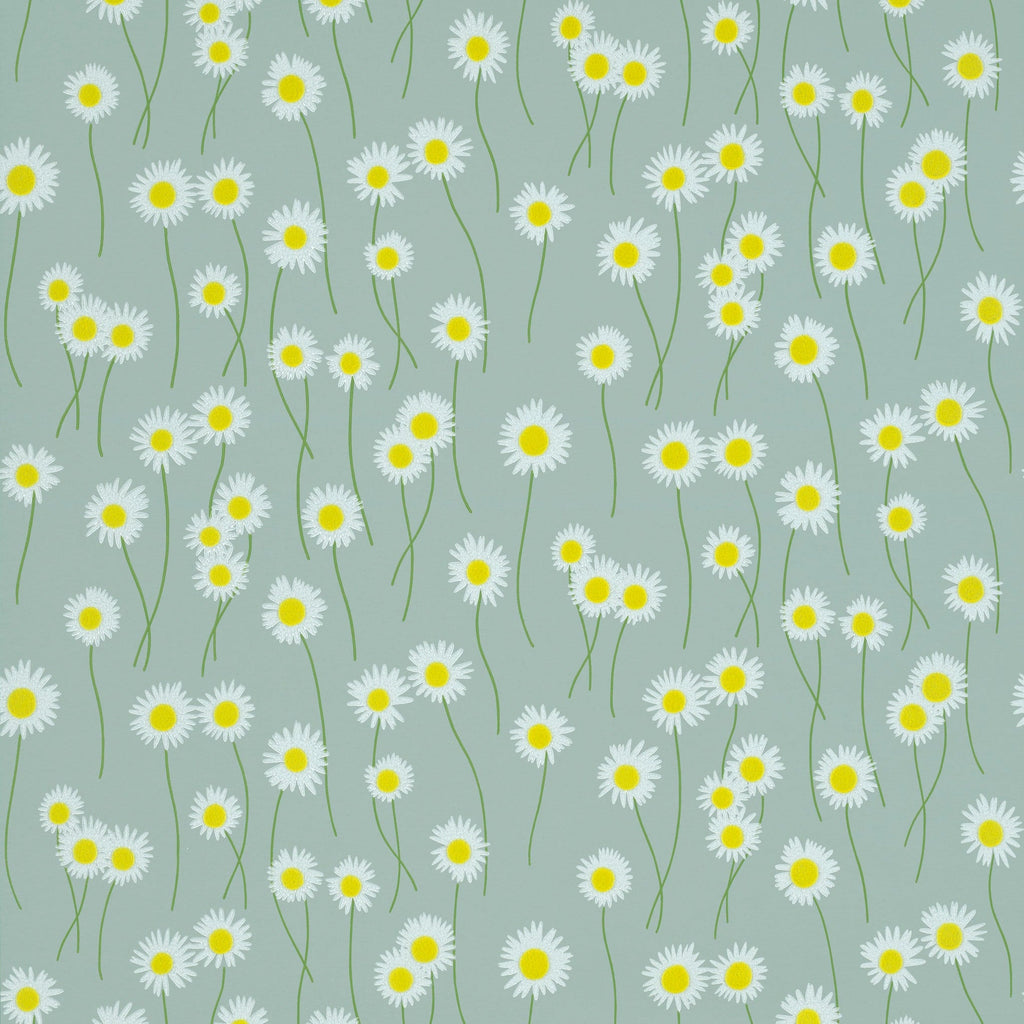 Little Greene Bloemenbehang met wit gele magrietjes die dansen over het behang met een licht blauwe achtergrond .