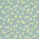 Little Greene Bloemenbehang met wit gele magrietjes die dansen over het behang met een licht blauwe achtergrond .