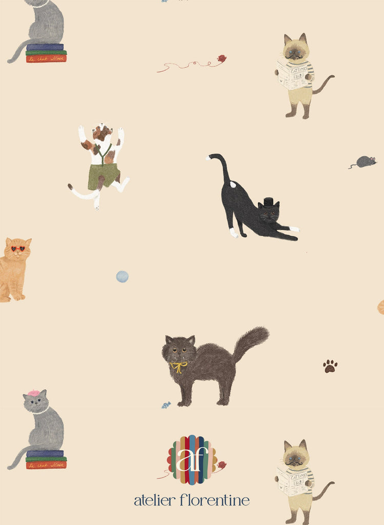 Children’s wallpaper featuring sweet cat pattern, perfect for nurseries and kids’ bedrooms.