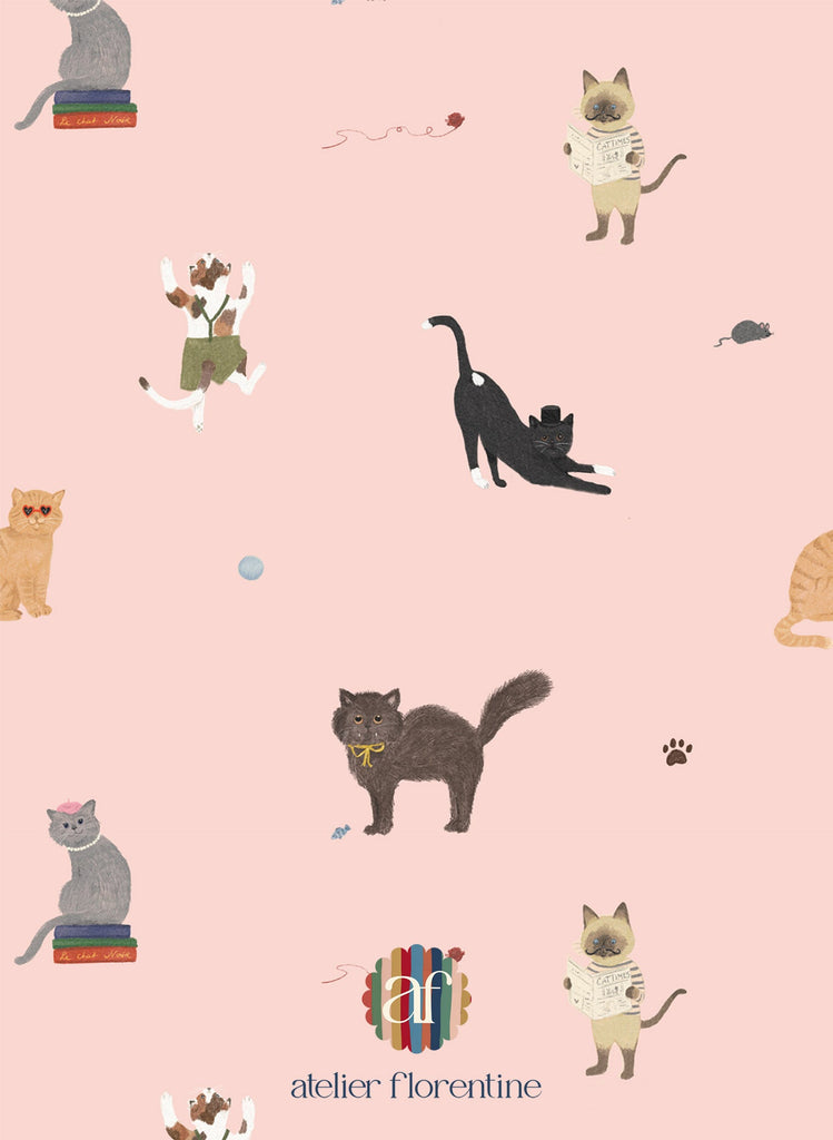 Children’s wallpaper featuring sweet cat pattern, perfect for nurseries and kids’ bedrooms.